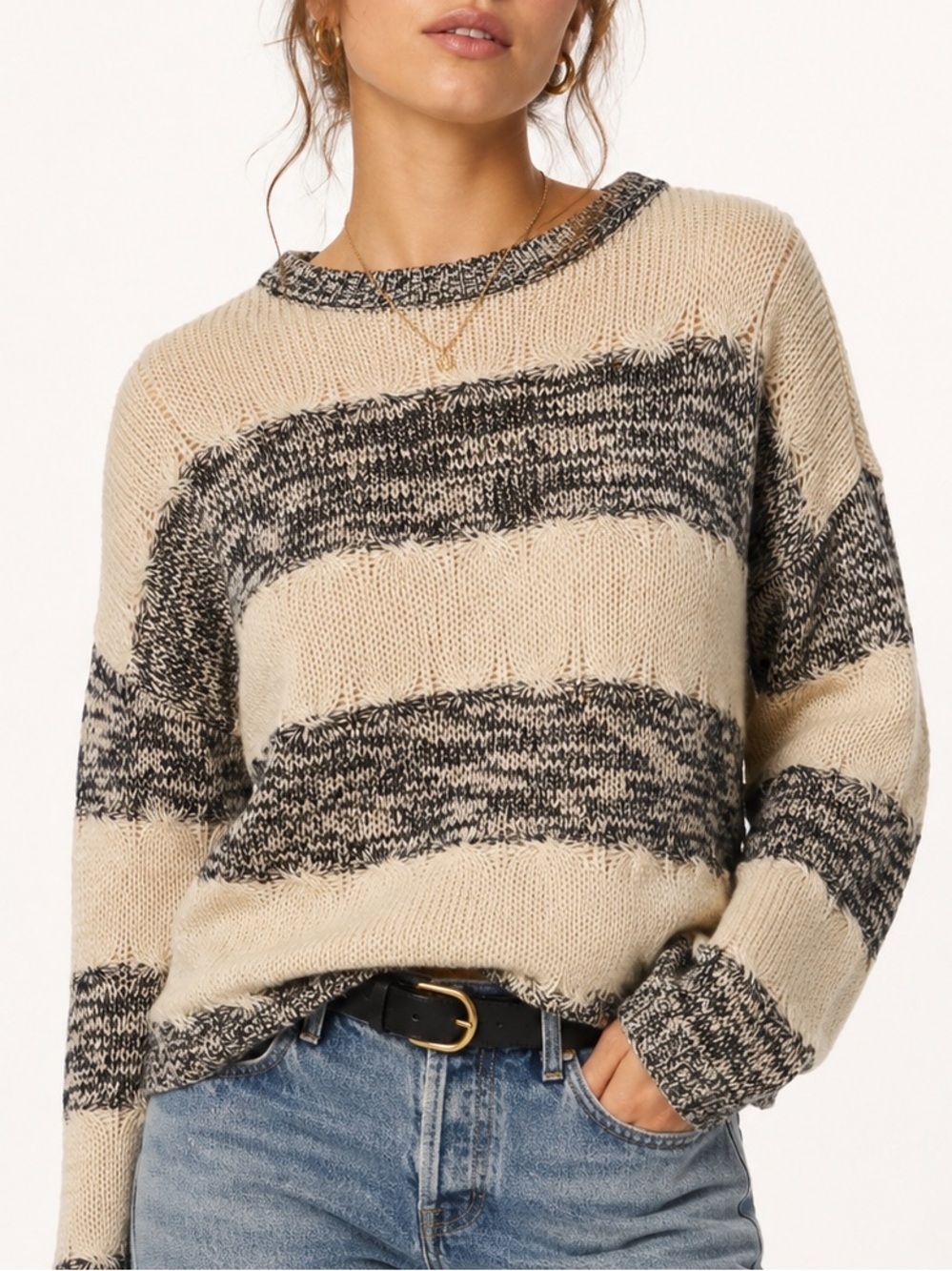 Double Agent Chunky Knit Striped Sweater Neutral Cream Black Cozy Minimalist | M
